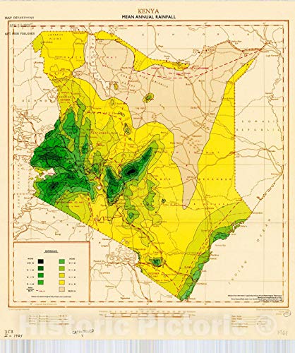 Historic Pictoric Map : Kenya 1961, Kenya, Mean Annual Rainfall, Antique Vintage Reproduction : 20in x 24in