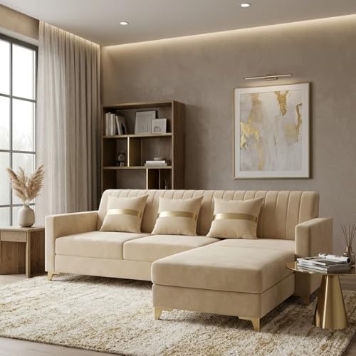 Image of CASASTYLE Groovy 4 Seater L Shape Sofa Set with Movable Ottoman | Flexible Left or Right Layout | Cozy Velvet Fabric | Soft Touch Seating | Modern Designer Sofa for Living Room (Cream)