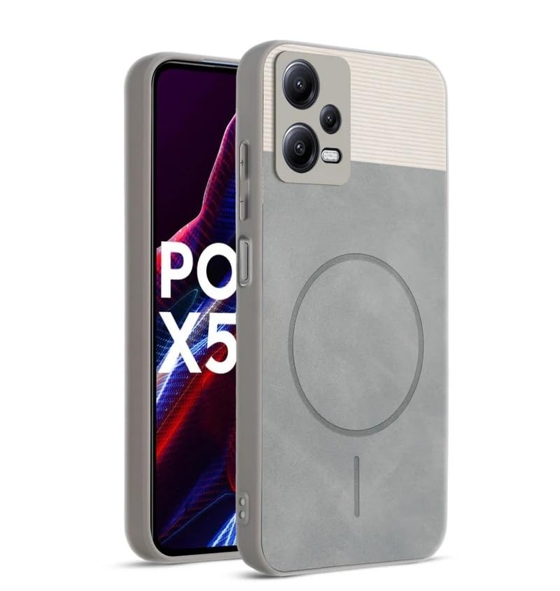 Image of Bintage CASE Mac Safe Design Hard Light Weight Back Case | Soft Border Camera Protect | Dual PU Leather Finish Back Cover Compatible for Poco X5 Pro 5G - White & Grey
