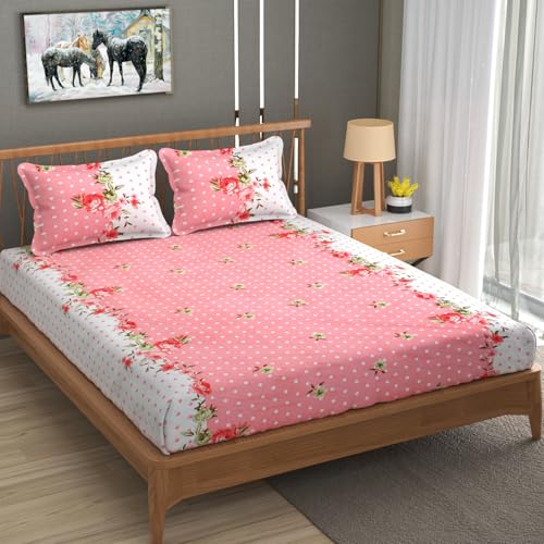 Image of Premium Heavy Cotton Elastic Fitted Bedsheets with 2 King Size Pillow Covers || Double Bed with All Around Elastic 350 TC || 72 x 78 x 10 Inch King Size Fitted || - Pink Dot