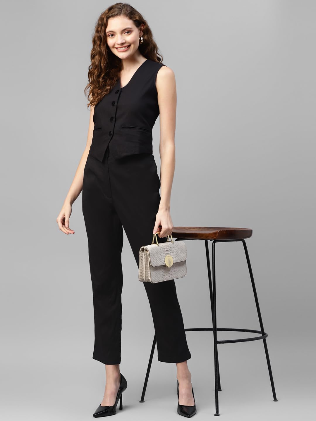 DEEBACO Women's Solid WaistCoat for Women V Neck Button Closure Sleeveless Waist Coat With Two Pockets Ladies Cord Western Party Casual Wear for Girls & Ladies Nehru Jacket (DBWC00001324_L_Black) 4