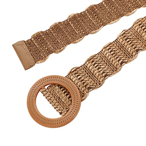 Women Straw Woven Belts for Dress Wide Braided Cinch Hand Made Soft Waistband with Round Resin Buckle (khaki, Suit Waist 25"-39")3