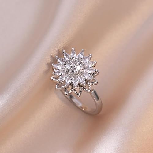 Miniatura 6 de Anillo de girasol para mujer, anillos giratorios de girasol, anillos de ansiedad con diamantes de imitación, anillo ajustable abierto, joyería de