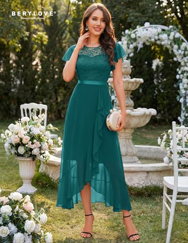 Image of BeryLove Formal Long Dresses for Women Wedding Guest Cocktail Bridesmaid | Airy Lace & Chiffon Evening Gown, Flutter Sleeve, Ideal for Mother of the Bride, Prom, Homecoming Party & Semi-Foraml Events