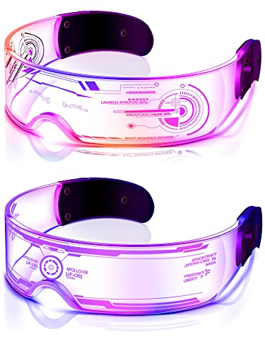 TOODOO 2 Pairs LED Visor Glasses 7 Colors Futuristic Glasses Light up Punk Accessories for Rave Party Costume(Fancy Style)