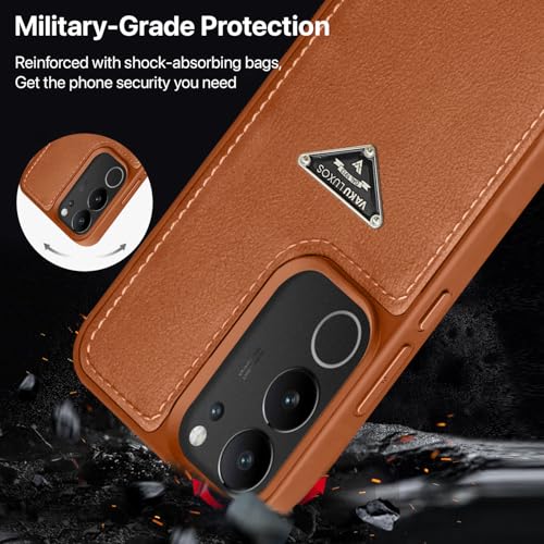 Image of Vaku Luxos Nyxen Back Cover Case for Vivo V29 5G Premium Leather Stitched Soft Shockproof Protective TPU Phone Case Camera Screen Protector- Brown