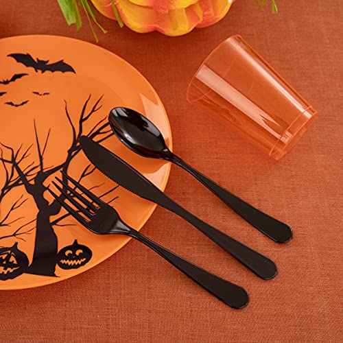 180Pcs Halloween Plastic Dinnerware Set For 30 Persons Halloween Tableware Party Supplies Orange With Black Patterns Include Pumpkin Bat Design #TOP5