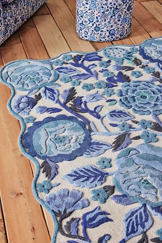 Image of FloorFusion 'Floral' Design Premium Rug Loop Cut High Low Pile Woolen Carpet for Living Room Bedroom Drawing Room Hall and Floor Size 6 x 8 feet (180x240 cm) Color Ivory & Blue Multi