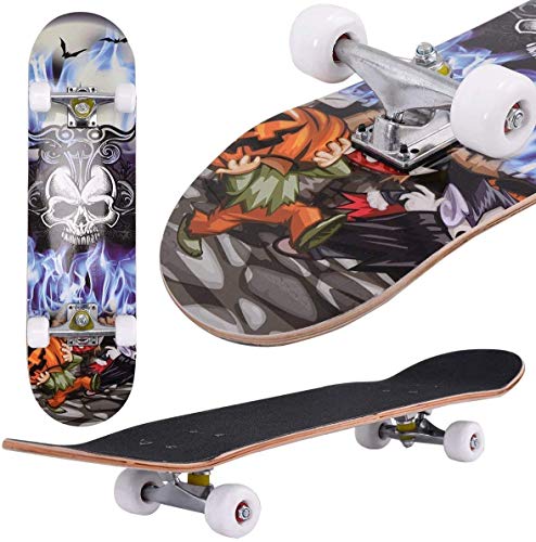 Skateboard Komplettboard Mit ABEC-9 Kugellager Und 9-Lagigem Ahornholz 95A Rollenhärte Funboard FÜR Anfänger Und Profis - Belastung 100 KG (Schädel) Cover