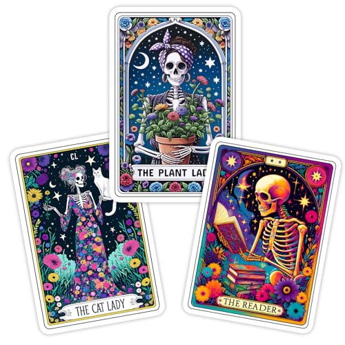 (3Pcs) The Plant The Reader The Cat Lady Tarot Card Stickers 3'' for Nature Bookworms Plant Cat Lovers Skeleton Witchy Gothic Vinyl Decal for Laptops Water Bottles Journals