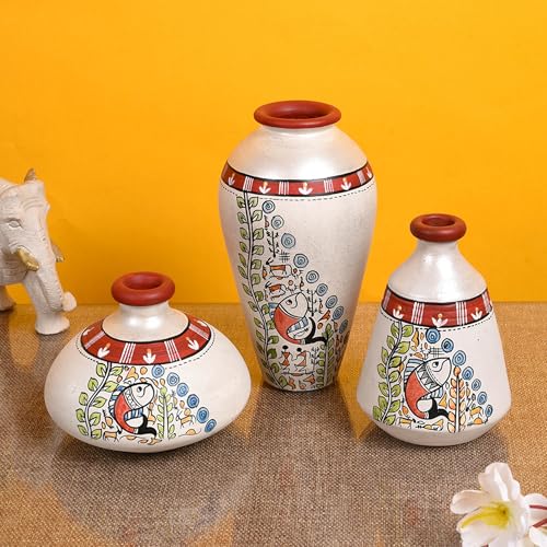 Image of Aakriti Art Creations Vase Earthen Miniatures Silver Madhubani Set of 3 | Hand-Painted Terracotta Flower Vases | Matte Finish Decorative Vases for Living Room, Table Decor & Gifting