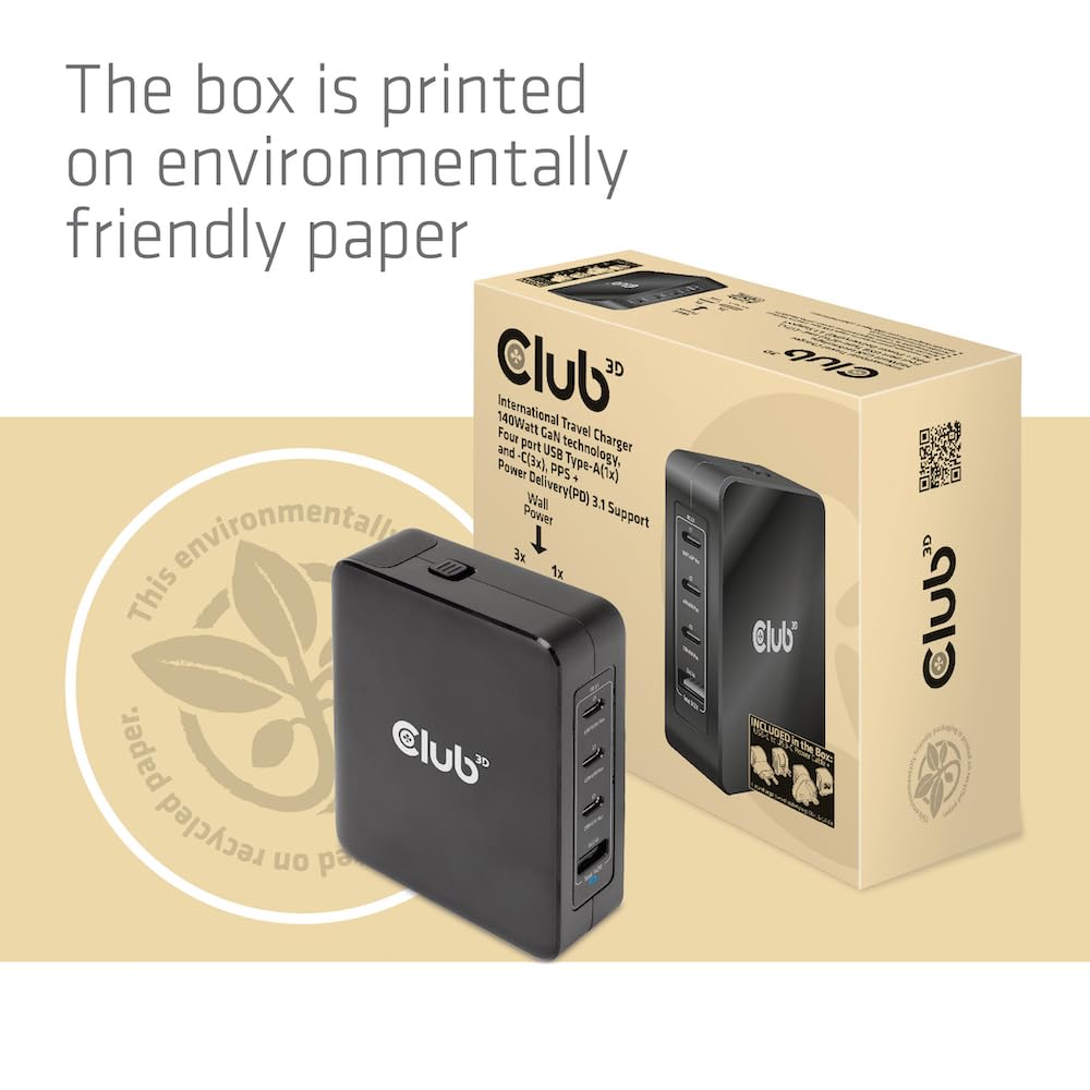 Club 3D CAC-1917 - Caricabatterie da viaggio 140 W, tecnologia GaN, USB tipo A (1x) e tipo C (3X), PPS + Power Delivery (PD) 3.1