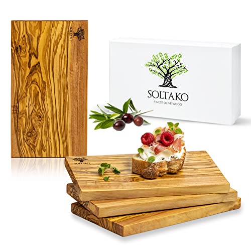SOLTAKO Frühstücksbrettchen aus Olivenholz 4er Set 'The Breakfast King' 4x Oliven Holz Schneidebrett Set, 13/23 cm