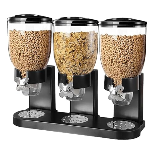 Dispensador de cereal triple: recipiente de almacenamiento de despensa, organizador de alimentos secos, soporte de dulces de encimera | Diseño de la máquina de control de porciones giratorias, contene