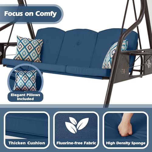 ZZW 3-Seat Patio Porch Swing 800LBS Outdoor Swing with Stand w/Canopy & Adjustable Backrest Patio Glider Chair w/Removable Pillows & Foldable Side Tray for Balcony Garden Deck (Blue)