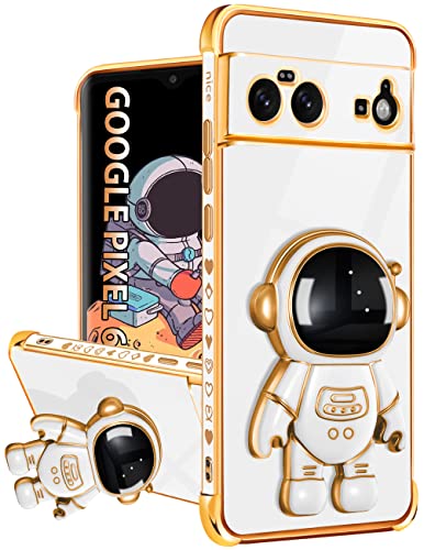 Lotadilo for Google Pixel 6 Case, Pixel 6 Cases with Astronaut Stand for Women Girls, Girly Cute Spaceman Love Heart Gold Plating 6D Phone Cover with Kickstand for Pixel 6 6.4 Inch White