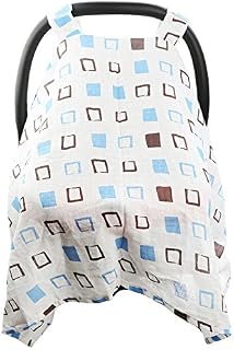 Hi Sprout Breathable Cotton Muslin Canopy Car Seat Cover for Girls and Boys (Simple Squares)