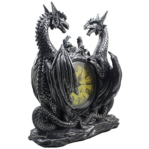 Mythical Dragon Duo Desk Clock in Metallic Look and Antique Face with Roman Numerals for Desktop, Shelf & Mantle As Gothic Medieval Decor Or Decorative Office Gifts - Image 4