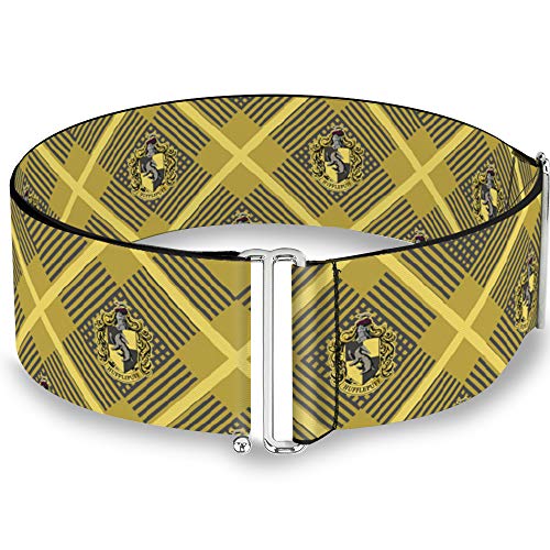 Buckle-Down Harry Potter Belt, Cinch Belt Harry Potter Hufflepuff Crest Plaid Yellows Gray, 3.0 Inch Wide, Adjustable