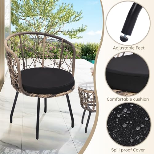 Image of Kromax 3-Piece Patio Modern Bistro Set, Natural /Black | Outdoor All-Weather Wicker Furniture Chairs and Side Table Set, Ideal for Balcony, Porch and Backyard