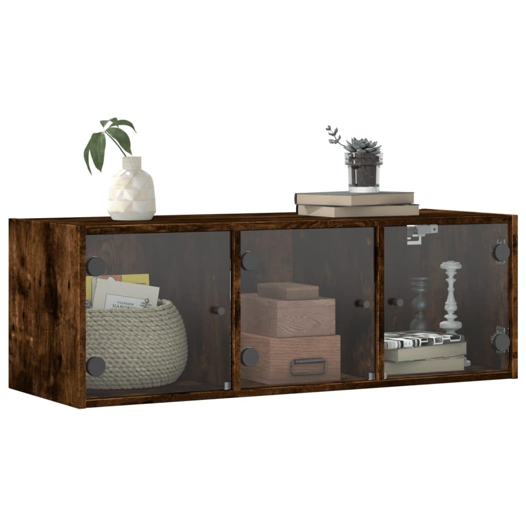Wandschrank mit Glastüren Räuchereiche 102x37x35 cm Holzwerkstoff Hängeschrank mit Stauraum und Fächern für Büro Wohnzimmer Flur zur Wandmontage und geordneter Aufbewahrung