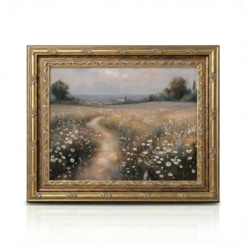 InSimSea Vintage Gold Framed Wildflower Countryside Wall Art, Rustic Spring