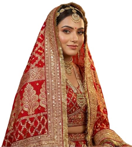 Image of Navti Creations Wedding bridal Dupatta /Chunni in banarasi silk Brocade with Katrina Kaif's Marriage dupatta's Embroidery border and 4 side golden Kiran