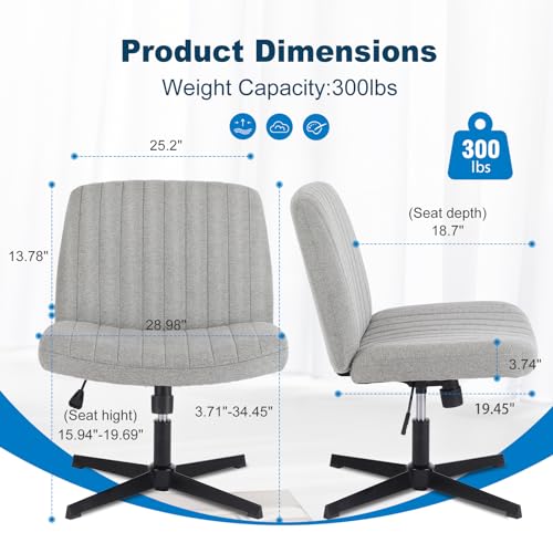 Image of DUMOS Criss Cross Chair No Wheel Legged Office Wide Comfy Desk Vanity Chair, Armless Computer Task Seating Comfy Fabric, Swivel Home Height Adjustable for Bedroom, Study, Grey No Wheel