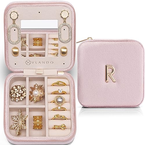 Vlando Travel Jewelry Box for Girls Women, Initial Jewelry Organizer Box Travel Must Haves Jewelry Case for Girls, Necklace Earrings Ring Box Travel Gifts for Sister Daughters - Letter R, Pi