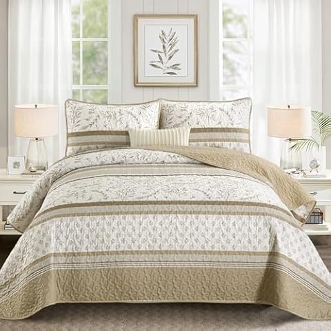 DJY Striped Quilt Set Queen Size, Brown Boho Striped Patchwork Leaves Printed Bedspread Coverlet Set 3 Pieces Soft Lightweight Microfiber Quilted Bedding Set for All Season (96"x90") Cover