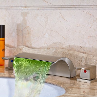 Maifeini The Indicator Changes Color Waterfall Basin Tap-Mounting On Deck Mixer Brushed Nickel Dual Handles Of The Holes, Type