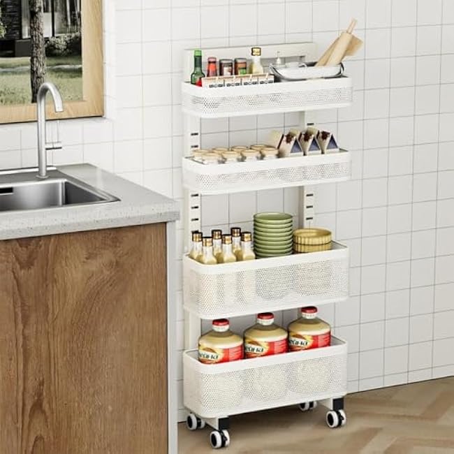 ?Narrow Storage Cart Kitchen Storage Rack Slim Shelf with Wheels Removable Organizer for Kitchen Living Room Space Saver(4 Tier)-A33VhMuI