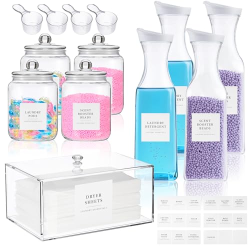 Suclain 9 Pack Laundry Room Organization Storage Containers Glass Jar Dryer Sheet Holder and Detergent Container with Lid Spoons and Labels Set for Powder, Scent Booster