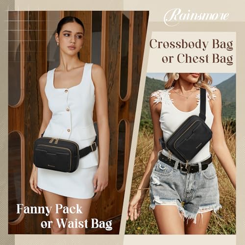 Image of RAINSMORE Fanny Packs for Women, Leather Belt Bag Waterproof Everywhere Crossbody Waist Pack with Adjustable Strap Retro Sling Chest Bag for Work Running Travel Party, Black