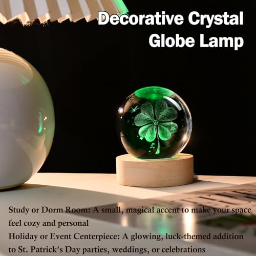 Image of 3D Four-Leaf Clover Crystal Ball 60mm Good Luck Gifts Ideas for Her Him | Decorative Glass 4-leaf Clover Globe with Multicolor Lighting Base St Patricks Day Gifts for Women Men Room Decor