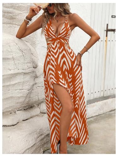 Image of SOLY HUX Women's Tie Backless Cut Out Halter Dress Deep V Neck High Split Long Flowy Dresses