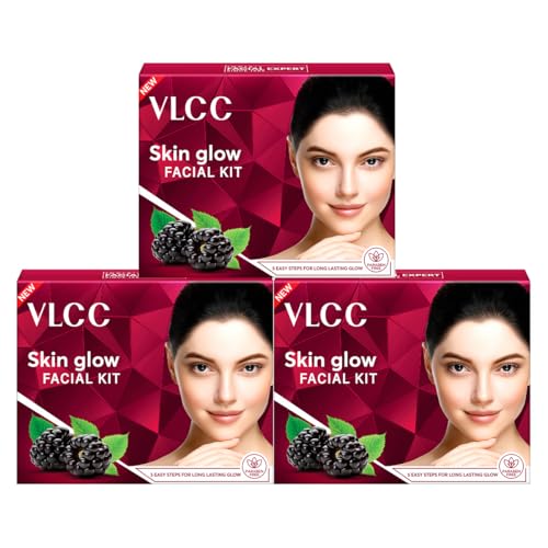 Image of VLCC Glow Facial Kit - 25g X 3 (75g) (Pack of 3) | Promotes Cell Renewal, Helps Brighten Complexion, Even Tone Skin | Smoothens Uneven Skin Texture | With Aloe Vera, Cucumber, Saffron & Mulberry