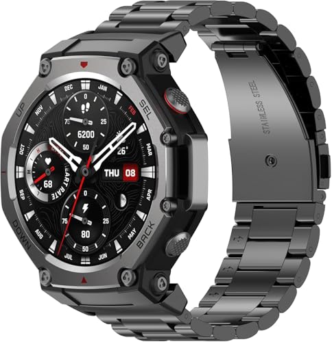 Image of OBOE Stainless Steel Watch Strap for Amazfit T-Rex 3, Black | Compatible with Amazfit T-Rex 3, Sports Watch Band, Watch Not Included