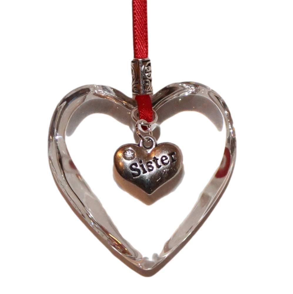 The Heart Shack Bright Red Ribbon Glass Hanging Heart Christmas Tree Decoration With Sister Charm