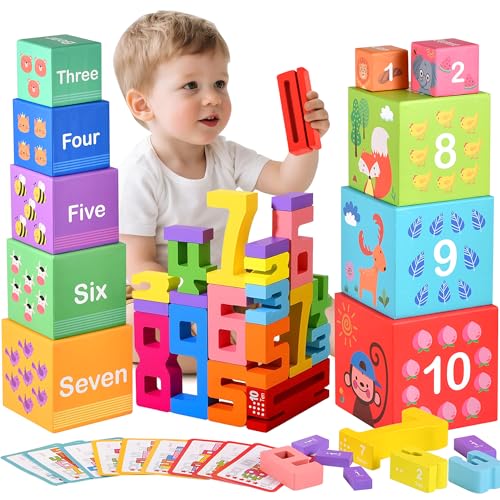 Image of Wooden Number Building Blocks & Stacking Toys for Toddlers 3+ Years Old, Digital Building Blocks, 1-10 Digital Blocks Toys, Balance Competition Toy, Educational Gift for Kids Boys and Girls