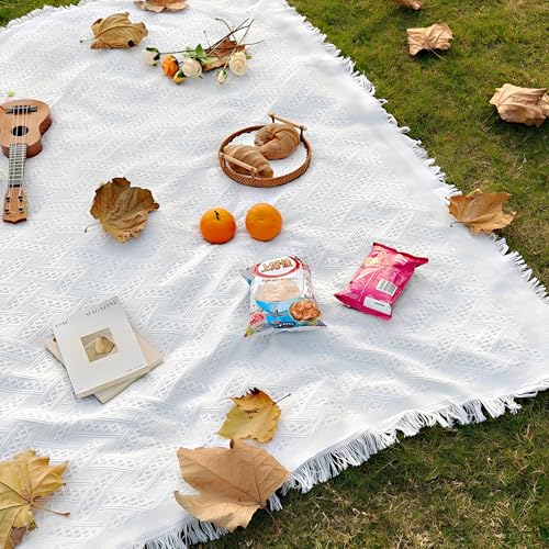Outdoor Picnic Blanket Sandproof - Portable Lightweight T-Grid Picnic Mat for Beach Camping Park Lawn Concert & Wedding Photoshoot Indoor Bohemian Decor Machine Washable (White 70.5*90.5)