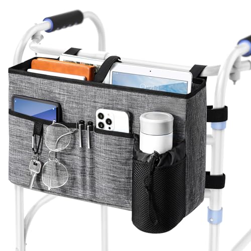 Rhino Valley Walker Bag, Secure Fit Walker Basket with Cup Holder, Large Capacity Foldable Walker Accessories for Seniors, Detachable Folding Walker Pouch Organizer for Older Elderly Gifts, Gray