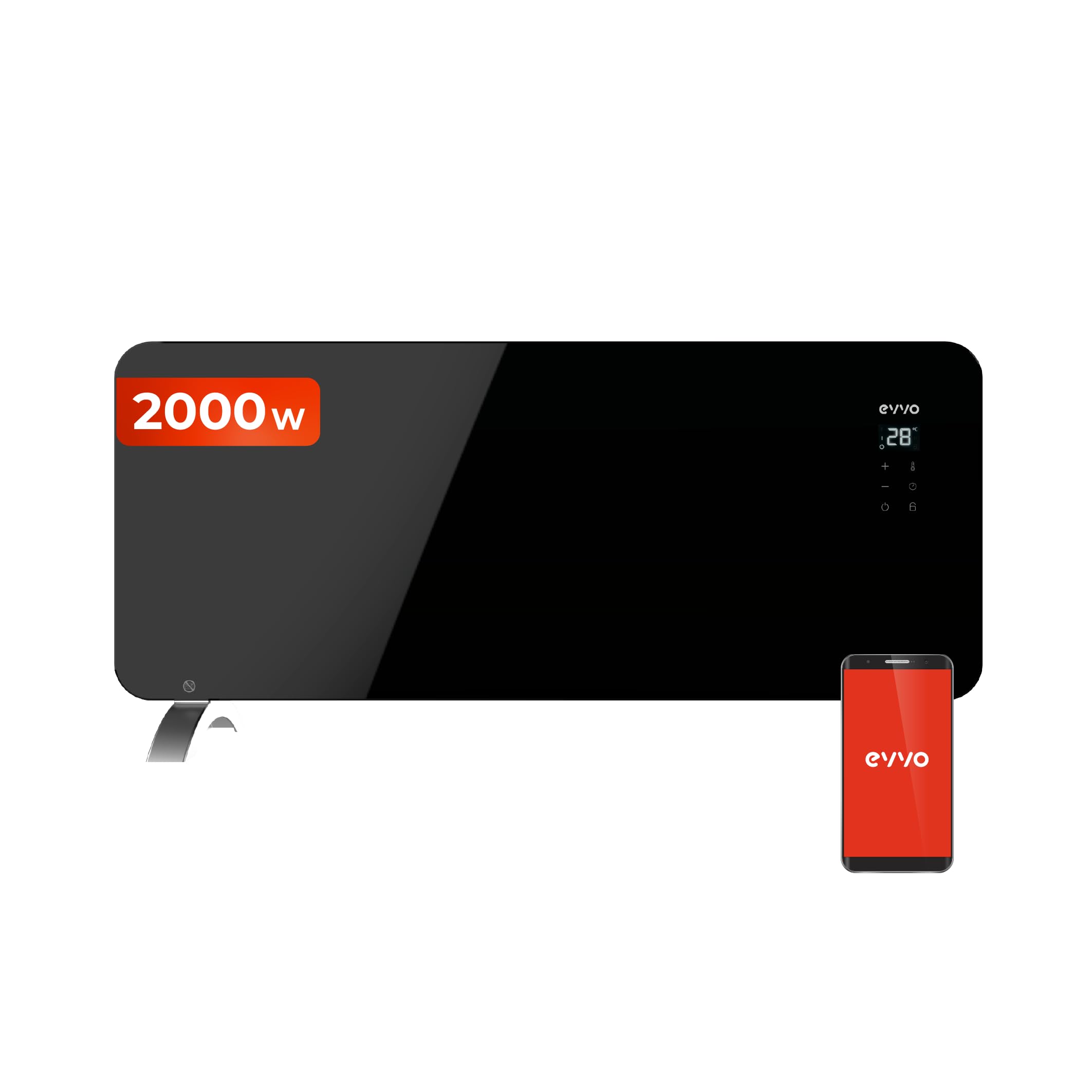 EVVO Convector C2000 Cristal Negro Calefactor Bajo Consumo 2000W - Radiador Electrico Bajo Consumo con Diseño Cristal Templado, Pantalla Táctil, Wifi, App Móvil, Mando Distancia, Google Home Alexa