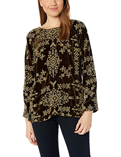 Pete & Greta by Johnny Was Women's Long Sleeve Velvet Tonal Embroidered Blouse, Dark Olive, M
