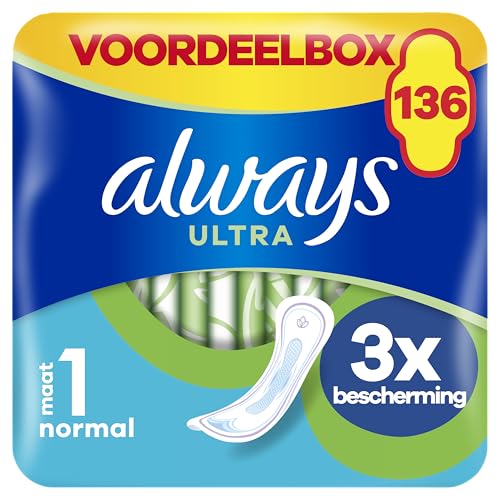 Always Compresas Ultra para mujer, tamaño 1, normal, 136 compresas sin alas (4 x 34 unidades), paquete múltiple, ultrafinas y superabsorbentes