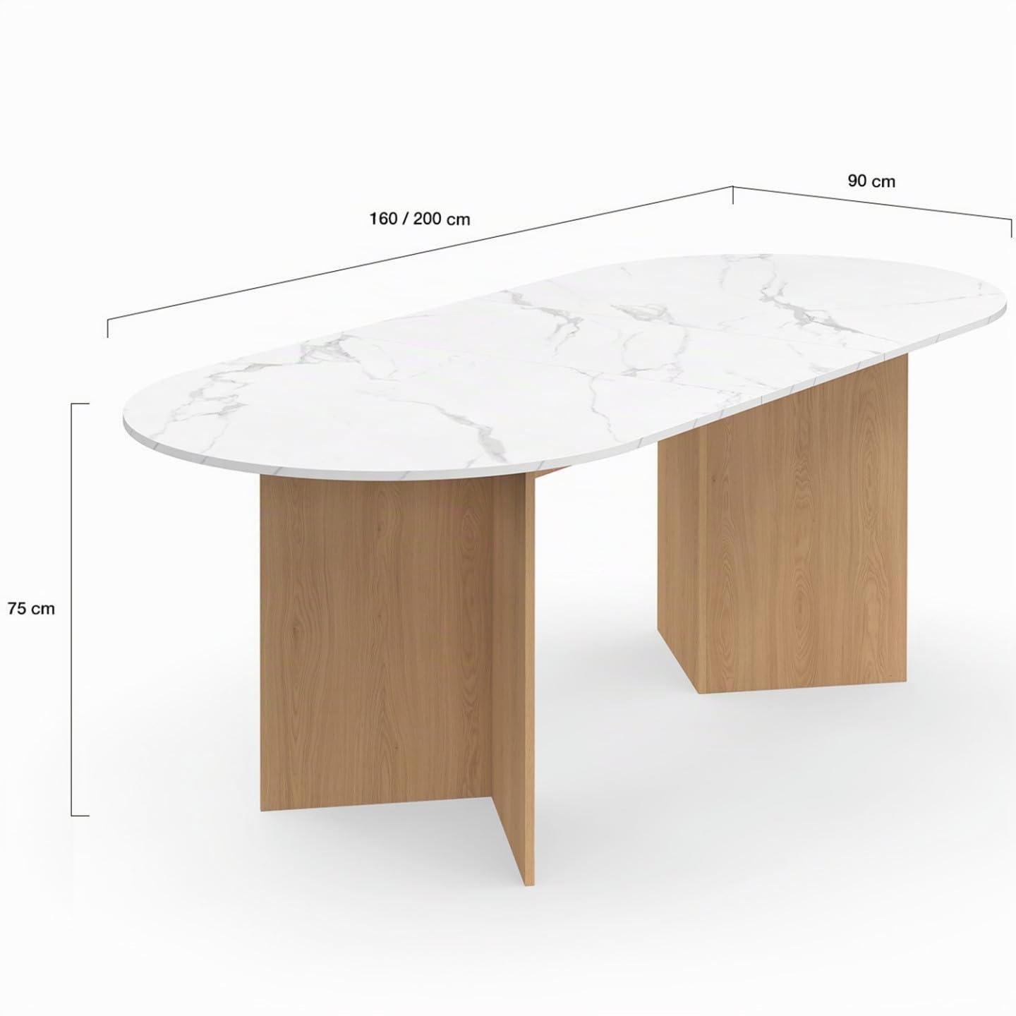IDMarket – Mesa de comedor extensible ovalada Marthe 6-10 personas, bandeja de mármol blanco Alaska y madera de haya, 160-200 cm