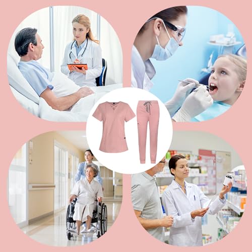 Image of VIAOLI Scrubs for Women Set Modern V-Neck Top & 8 Pocket Jogger Pants Nursing Uniform Solid Stretch Workwear