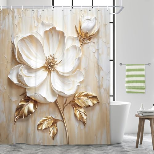 JAWO Chic Elegant Floral Shower Curtain, Modern Minimalist Abstract White and Gold Flower Shower Curtains Set, Luxury Golden Leaves Fabric Shower Curtains for Bathroom Decor Bathtub with Hooks, 72x72
