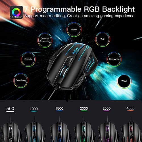 Mouse USB, TedGem Mouse Gaming Mouse con Filo Mouse Gaming USB FINO A 7500 DPI, 7 Pulsanti Programmabili, Mouse da Gioco Ergonomici per Windows XP, Vista, WIN7, WIN8, Win10, MAC