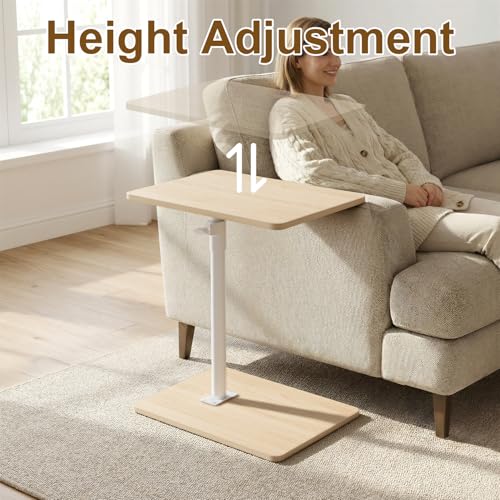 Image of YUHFERA Sofa Armrest Tray Table for Couch - 360 Swivel Height Adjustable End Table for Small Spaces, Snack Side Table for Bed or Chair with Phone & Tablet Slot (Oak, Enlarged)
